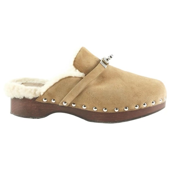 Hermes Shoes - Hermes Carlotta Tan Suede Clogs with Silver Kelly Buckle